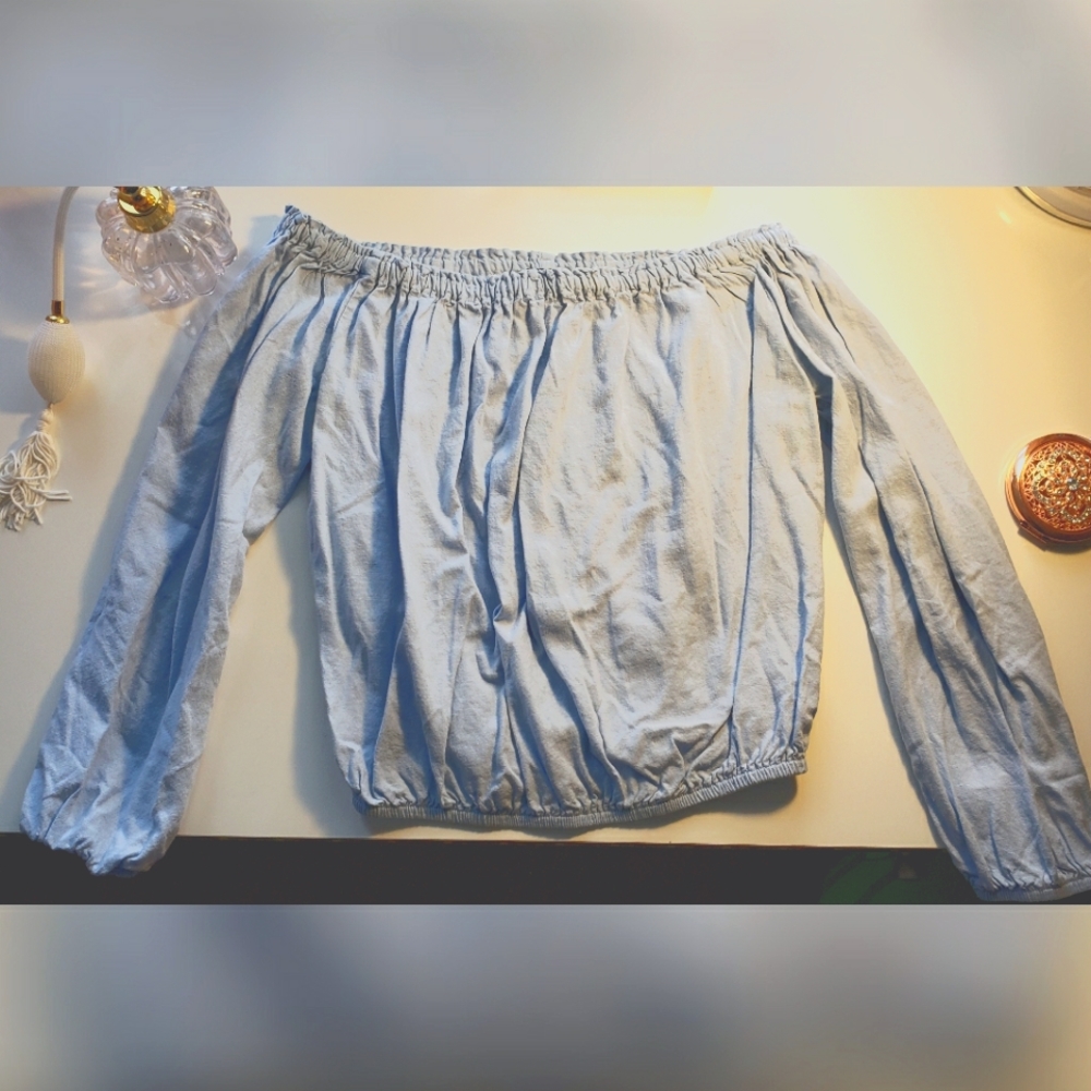 Light blue, off the shoulder, crop top